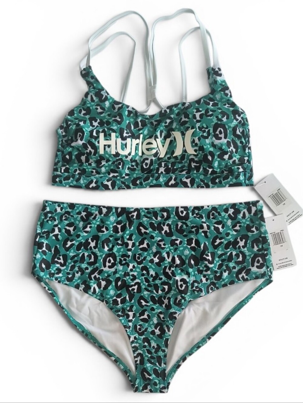 Hurley Teal Green Leopard Print High Waisted Bikini Swimsuit Set Plus Size 1X